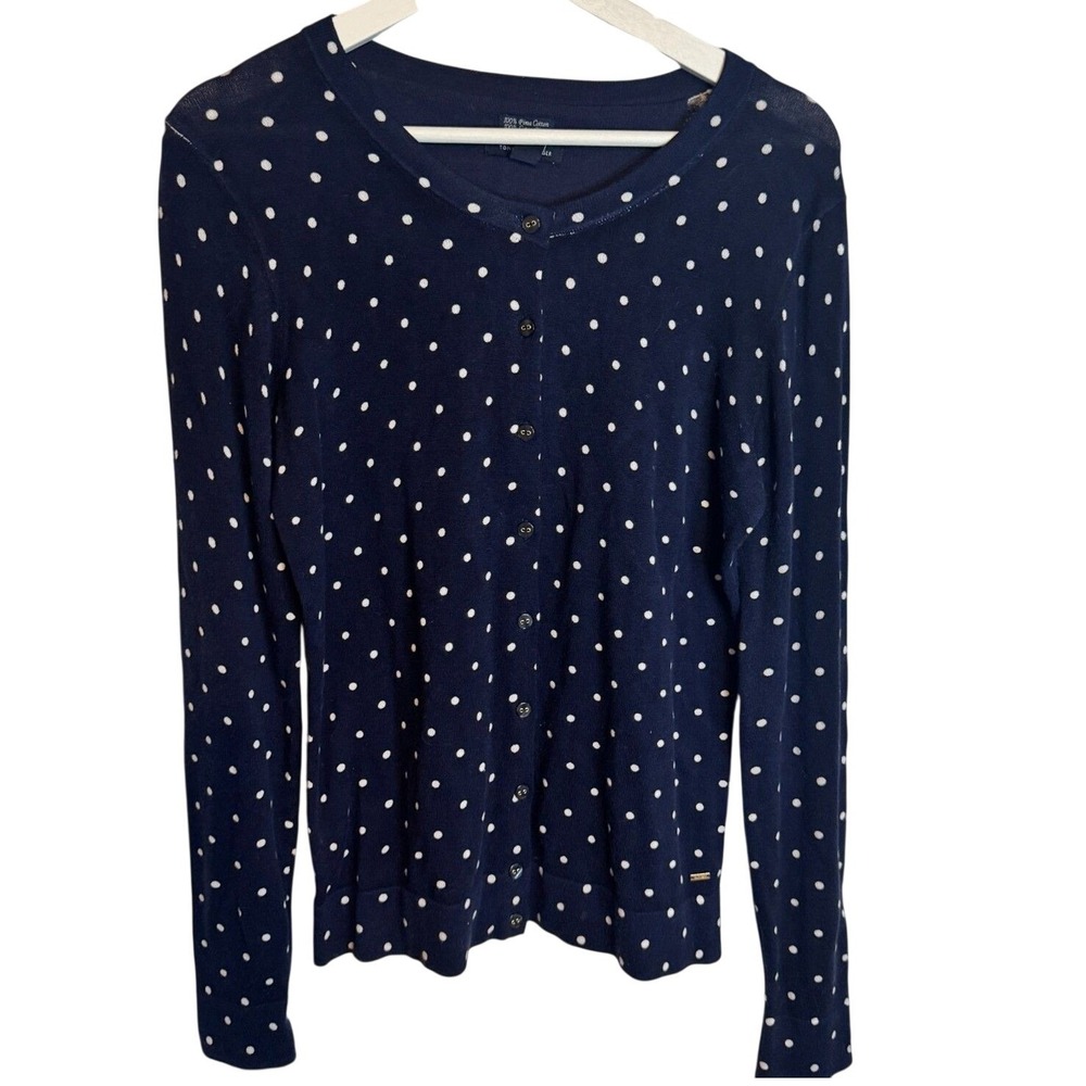 Tommy Hilfiger Cardigan Polka Dot Small Navy Blue Women Sweater Pima Cotton Knit